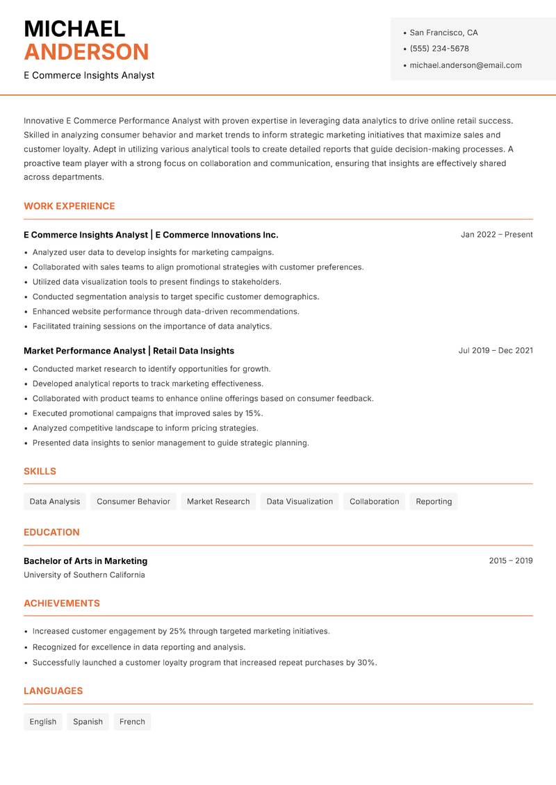E Commerce Performance Analyst resume sample — E Commerce Insights Analyst focus