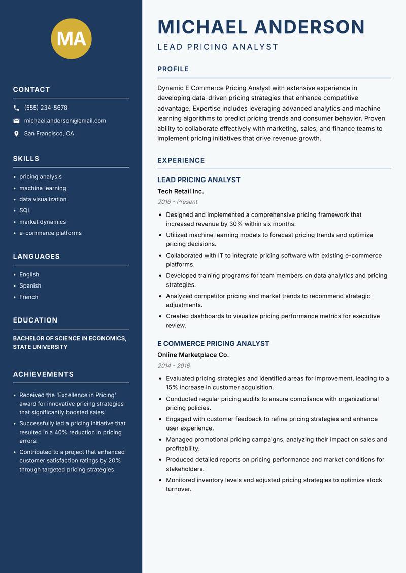 E Commerce Pricing Analyst resume sample — Lead Pricing Analyst focus