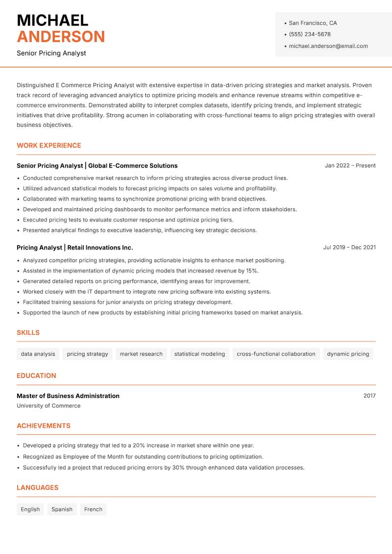 E Commerce Pricing Analyst resume sample — Senior Pricing Analyst focus