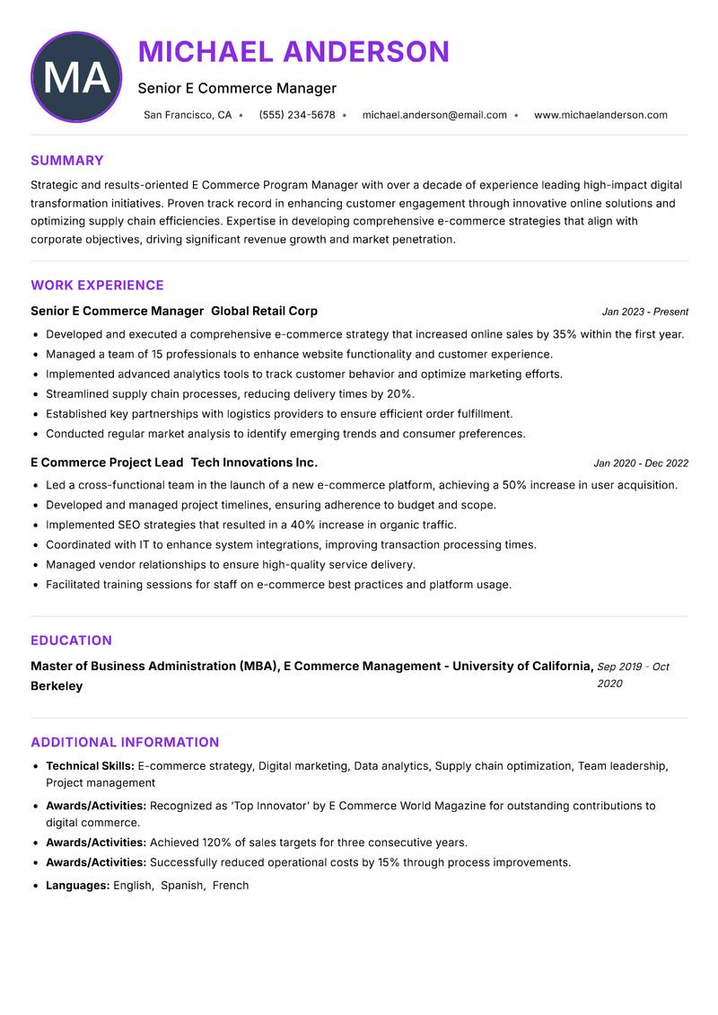 E Commerce Program Manager resume example