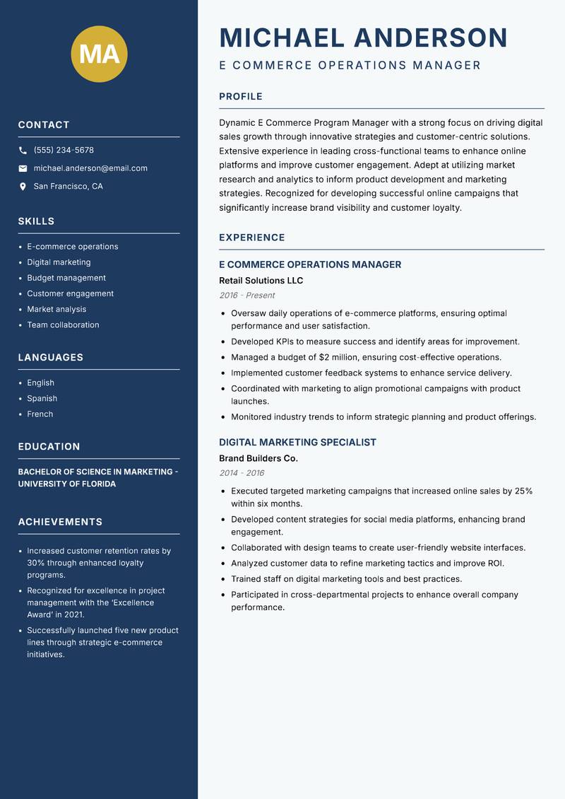 E Commerce Program Manager resume sample — E Commerce Operations Manager focus