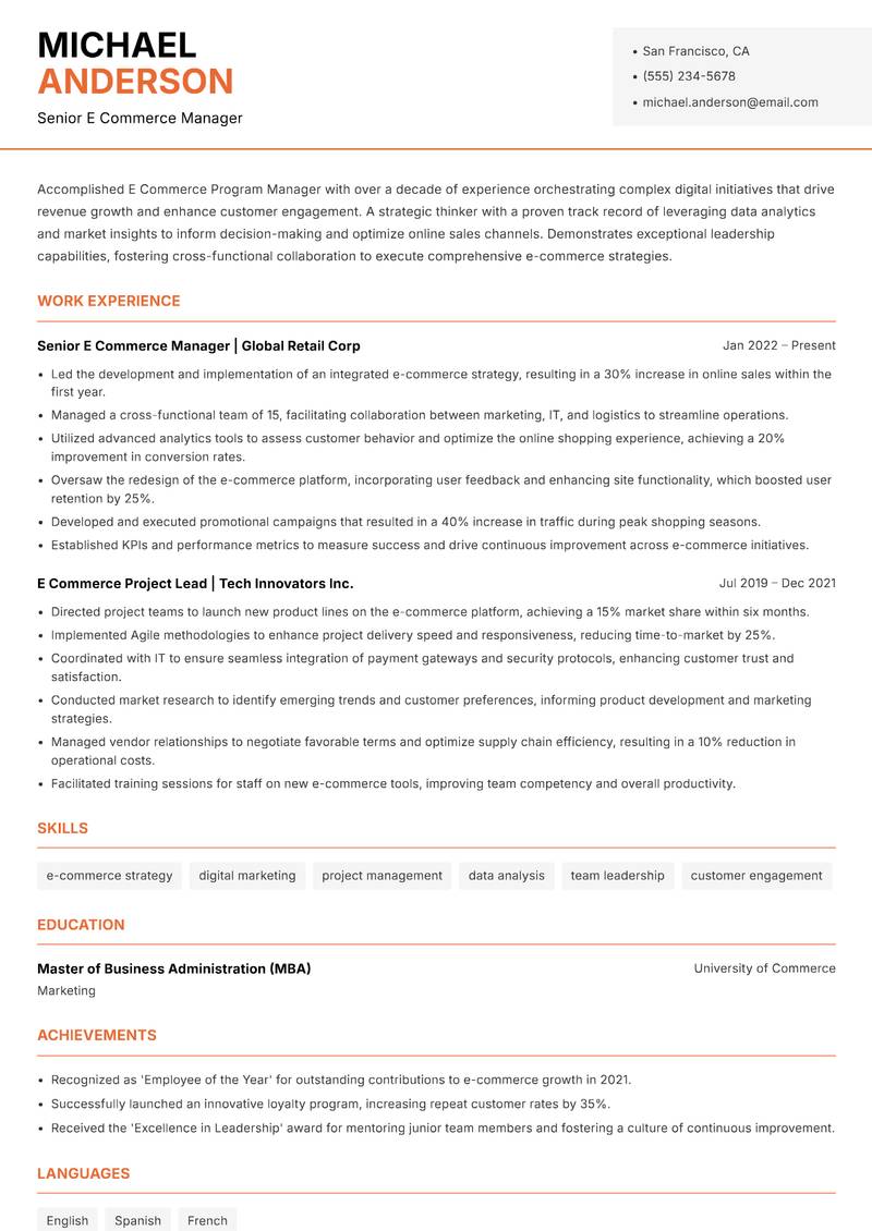 E Commerce Program Manager resume sample — Senior E Commerce Manager focus