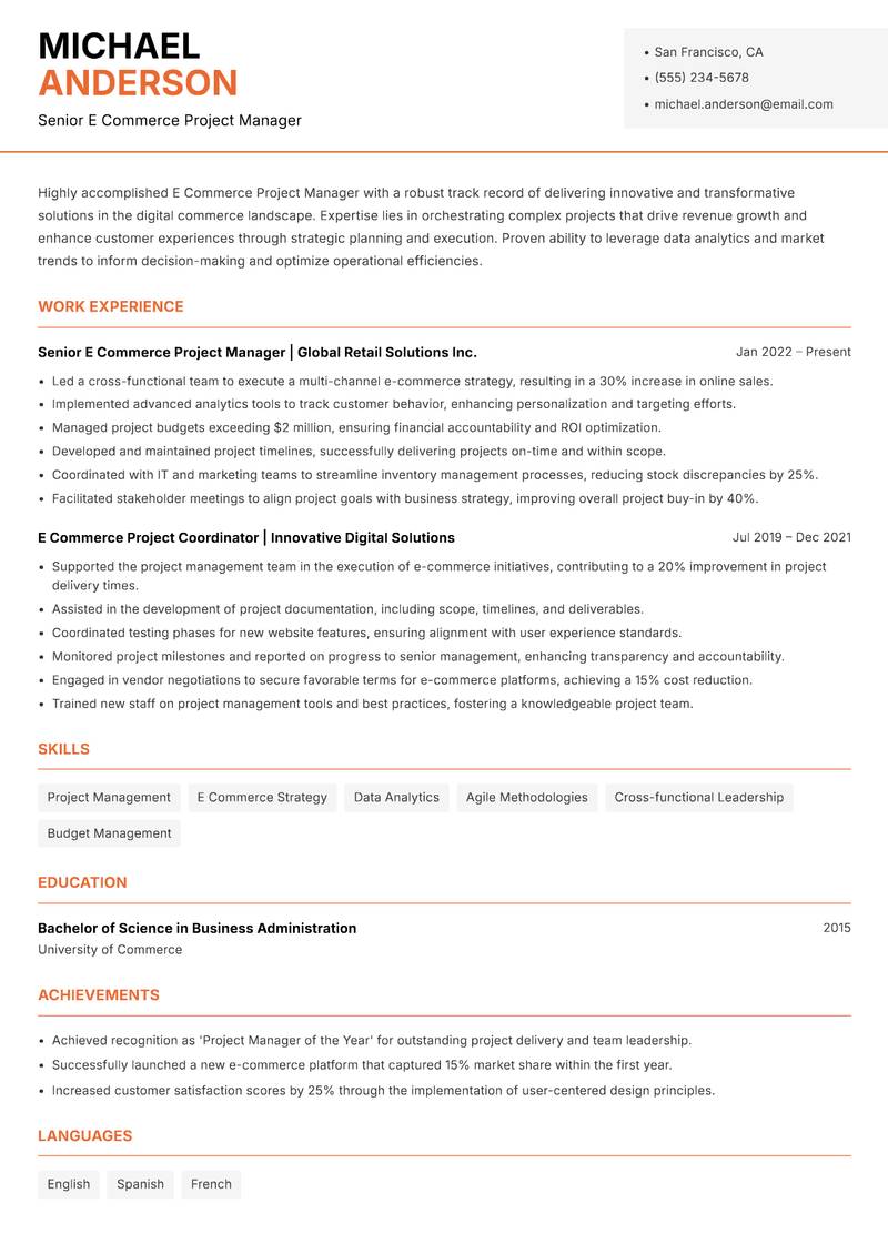 E Commerce Project Manager resume sample — Senior E Commerce Project Manager focus