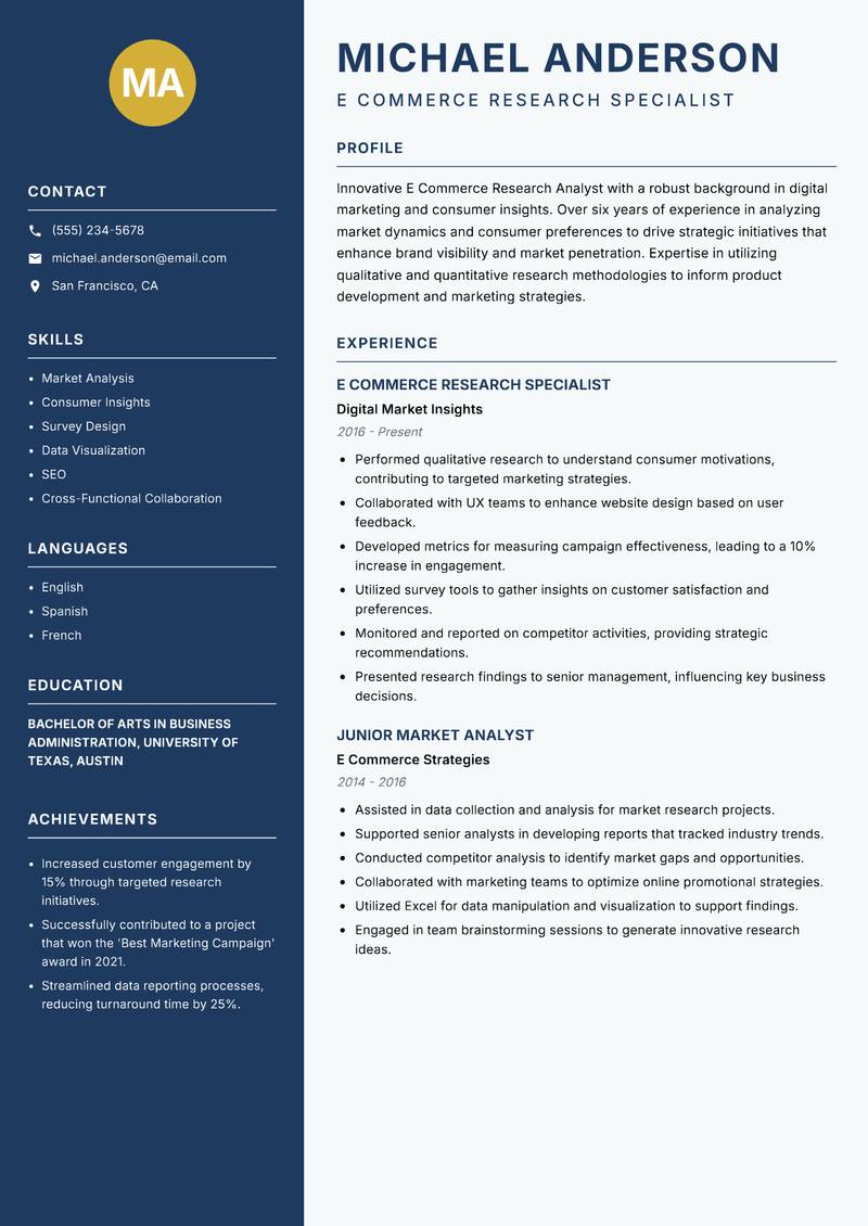 E Commerce Research Analyst resume sample — E Commerce Research Specialist focus
