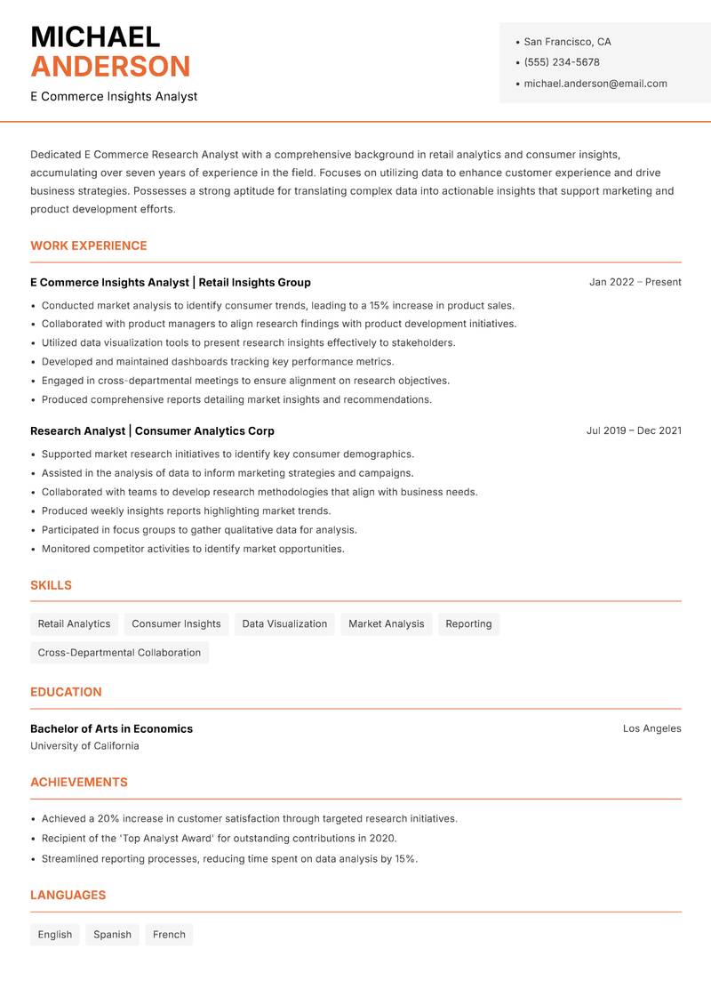 E Commerce Research Analyst resume sample — E Commerce Insights Analyst focus