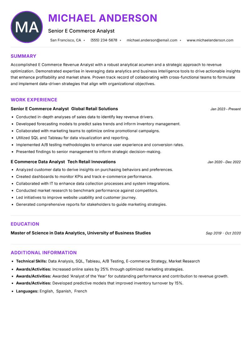E Commerce Revenue Analyst resume example