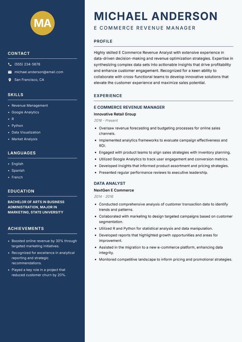 E Commerce Revenue Analyst resume sample — E Commerce Revenue Manager focus