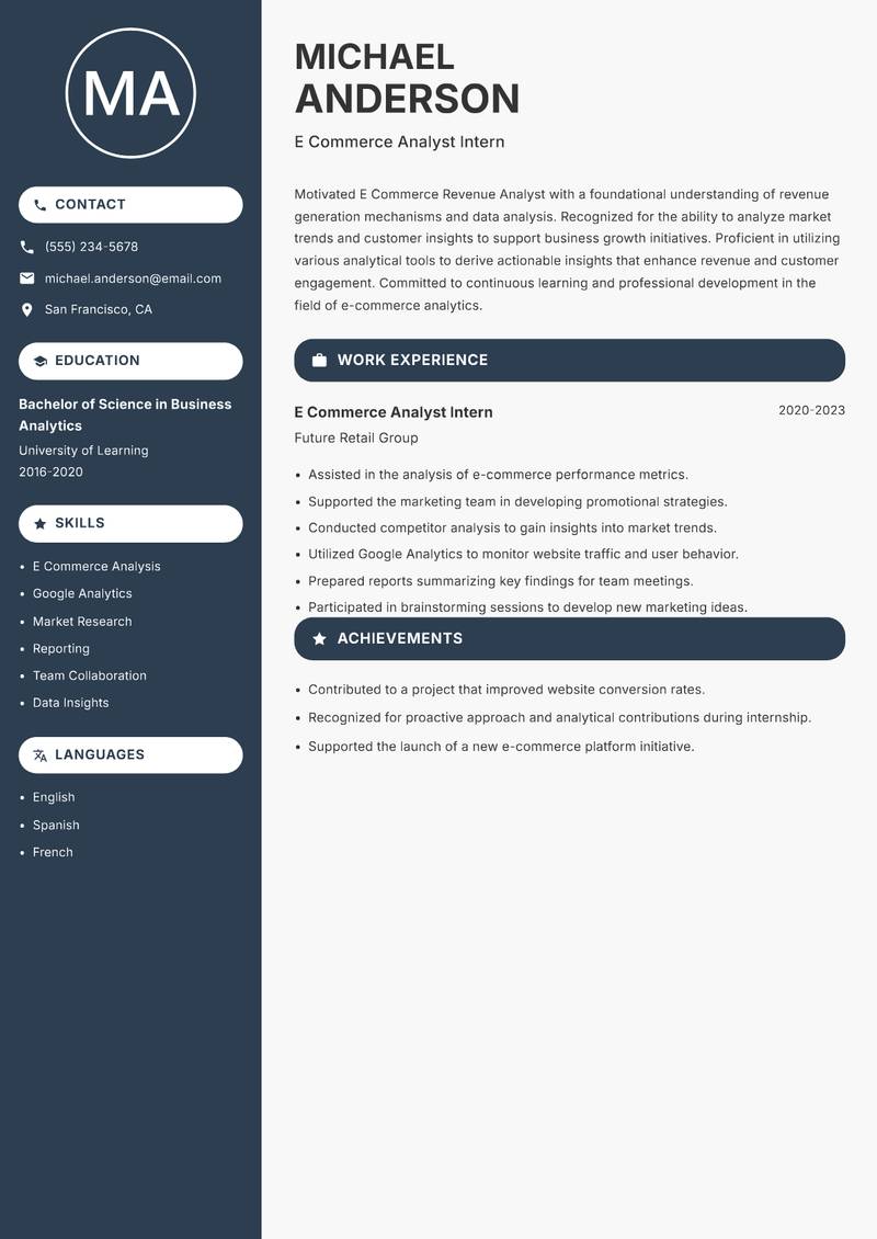 E Commerce Revenue Analyst resume sample — E Commerce Analyst Intern focus