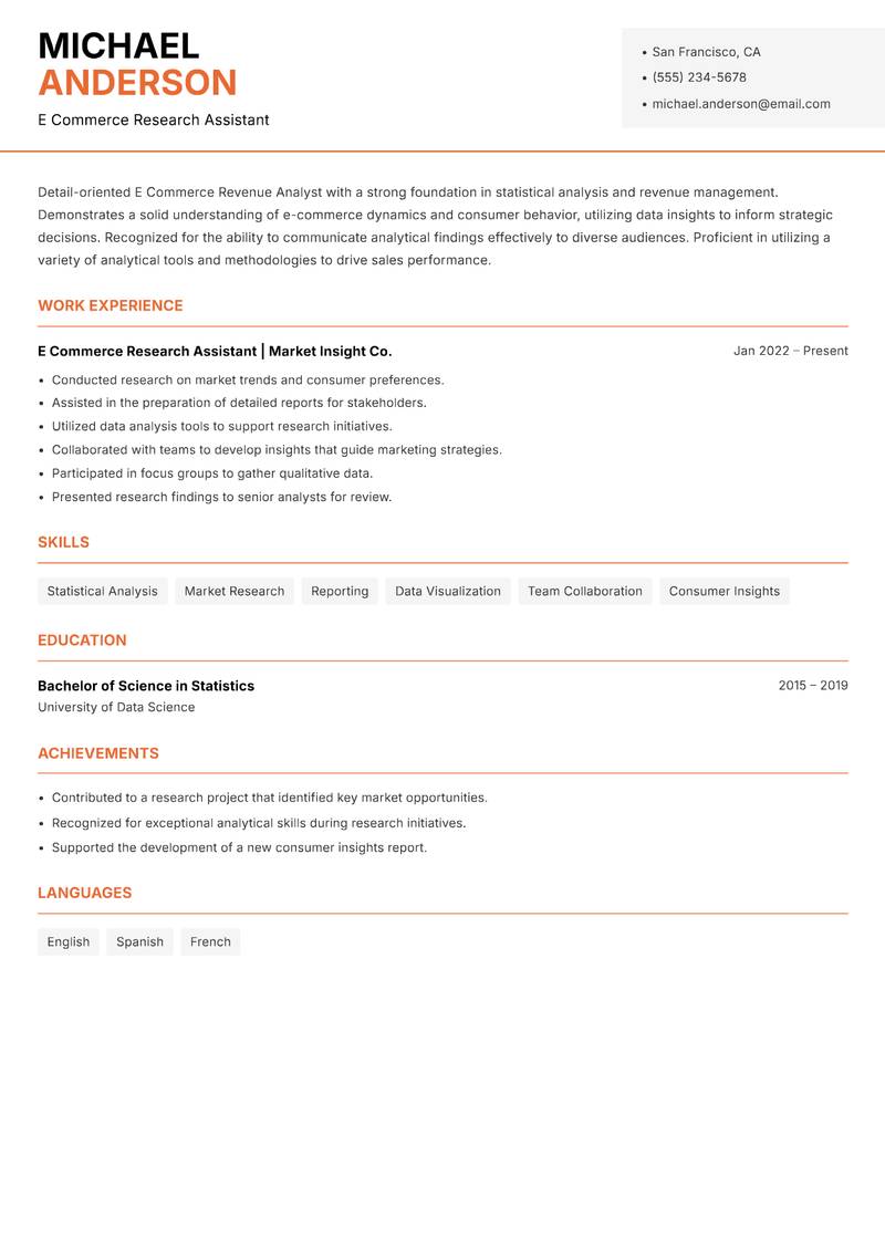 E Commerce Revenue Analyst resume sample — E Commerce Research Assistant focus