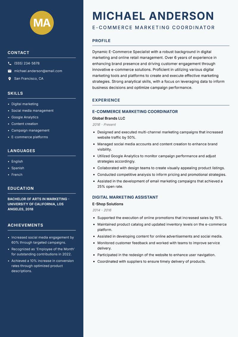 E Commerce Specialist resume sample — E-Commerce Marketing Coordinator focus