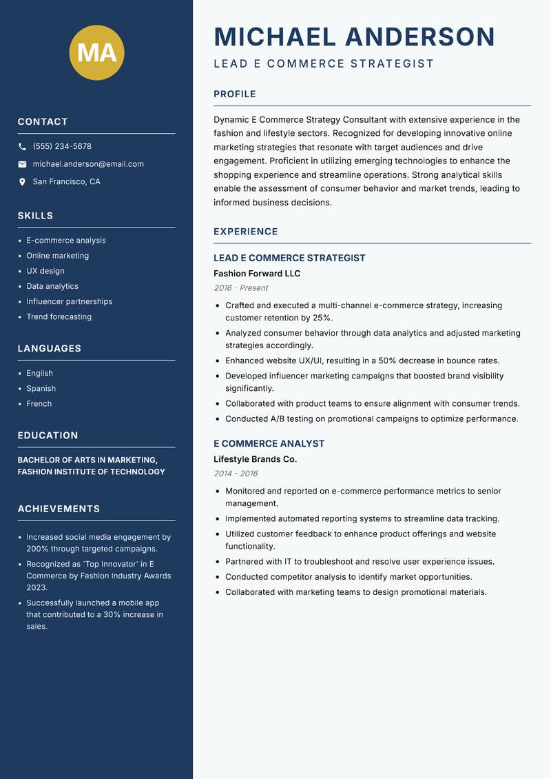 E Commerce Strategy Consultant resume sample — Lead E Commerce Strategist focus