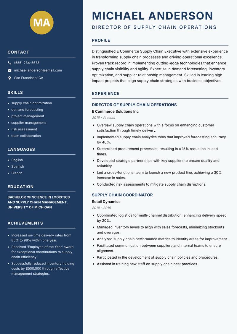 E Commerce Supply Chain Executive resume sample — Director of Supply Chain Operations focus