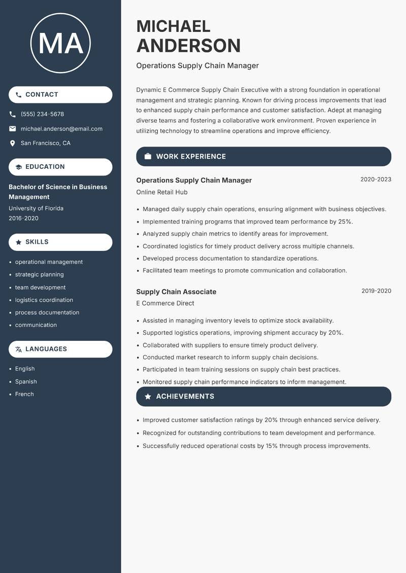 E Commerce Supply Chain Executive resume sample — Operations Supply Chain Manager focus