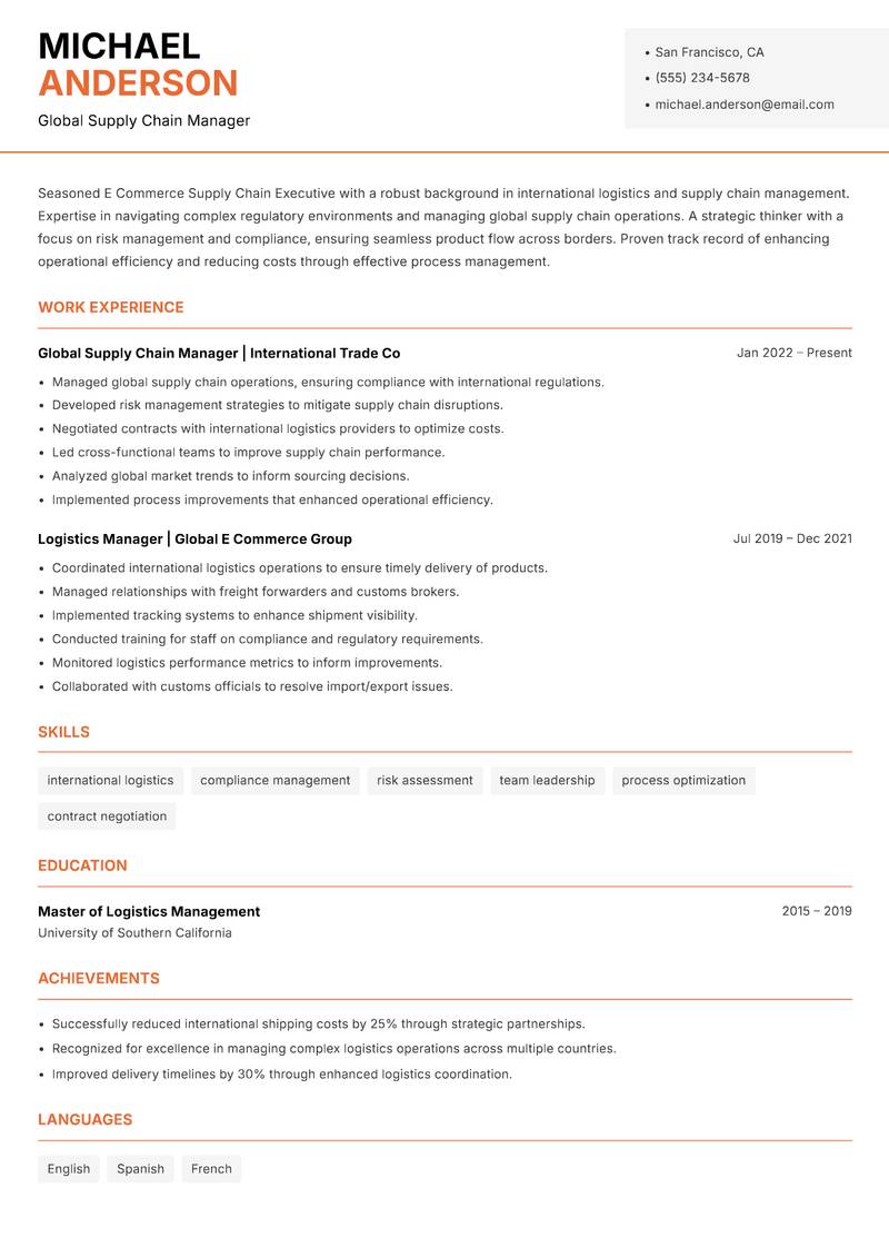 E Commerce Supply Chain Executive resume sample — Global Supply Chain Manager focus