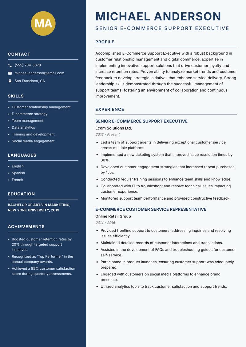 E Commerce Support Executive resume sample — Senior E-Commerce Support Executive focus