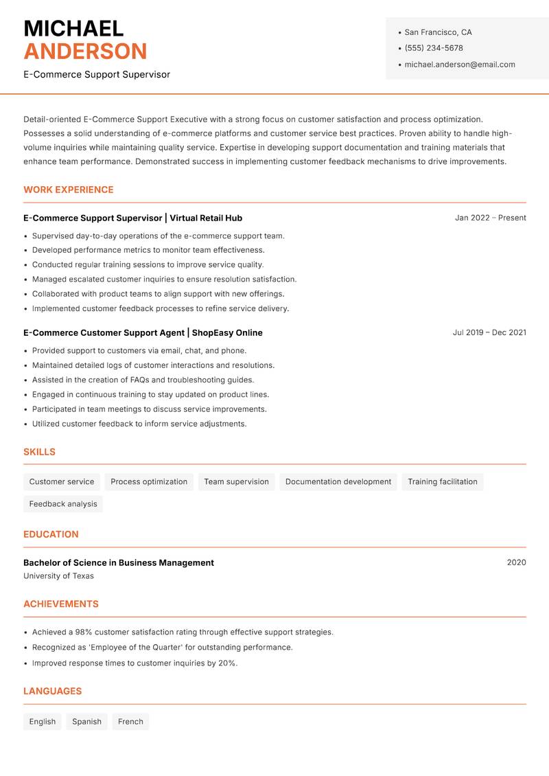 E Commerce Support Executive resume sample — E-Commerce Support Supervisor focus