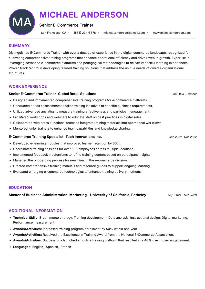E Commerce Trainer resume example