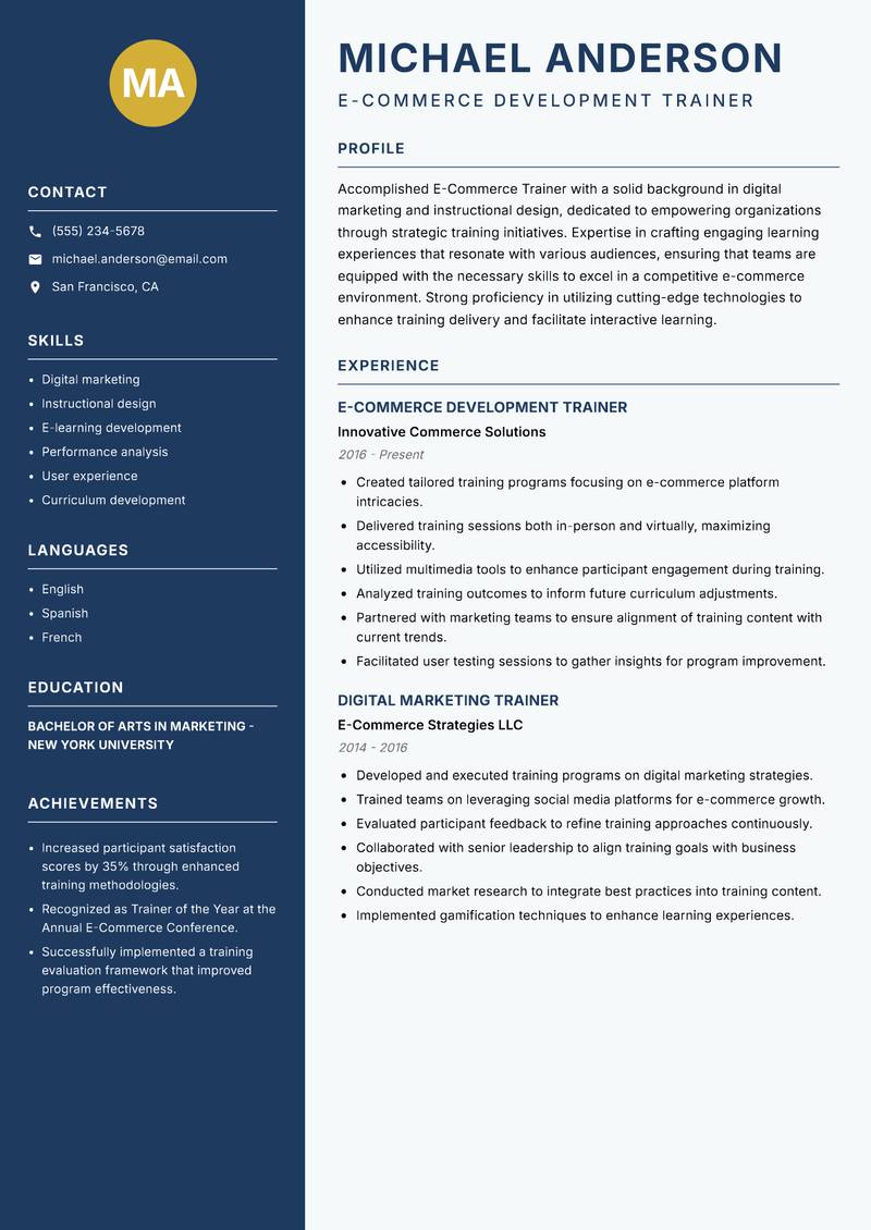 E Commerce Trainer resume sample — E-Commerce Development Trainer focus