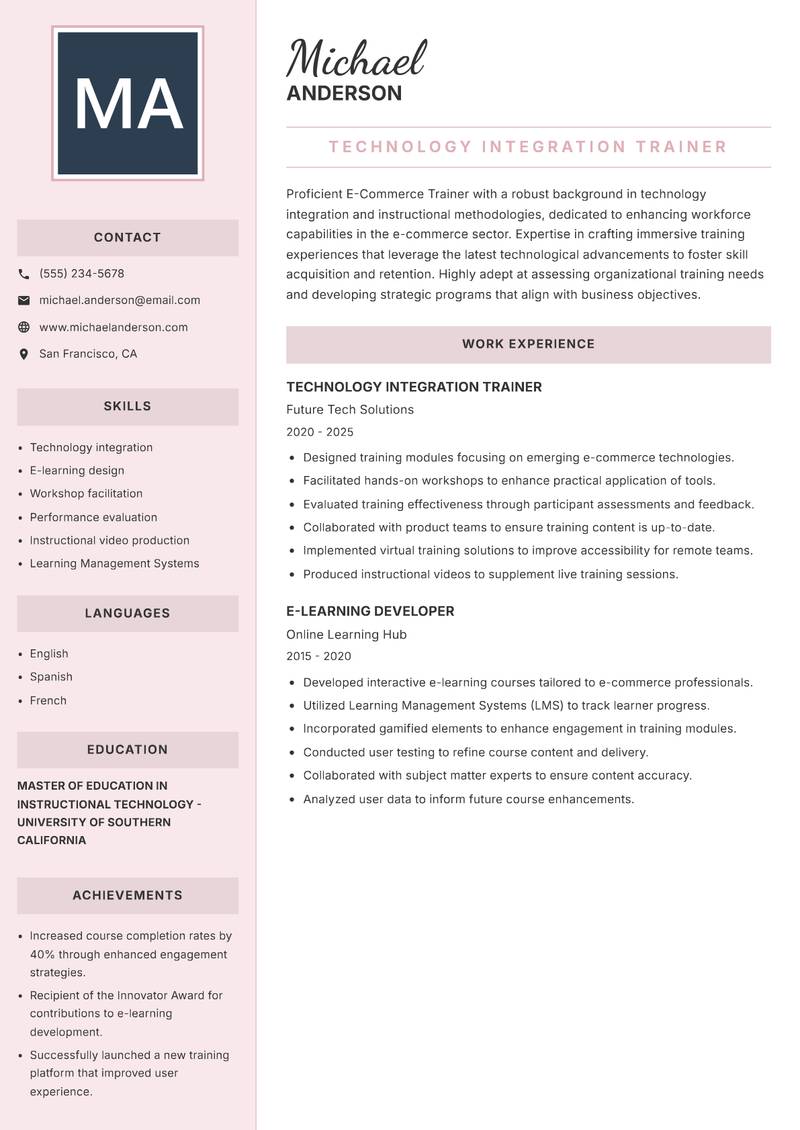 E Commerce Trainer resume sample — Technology Integration Trainer focus