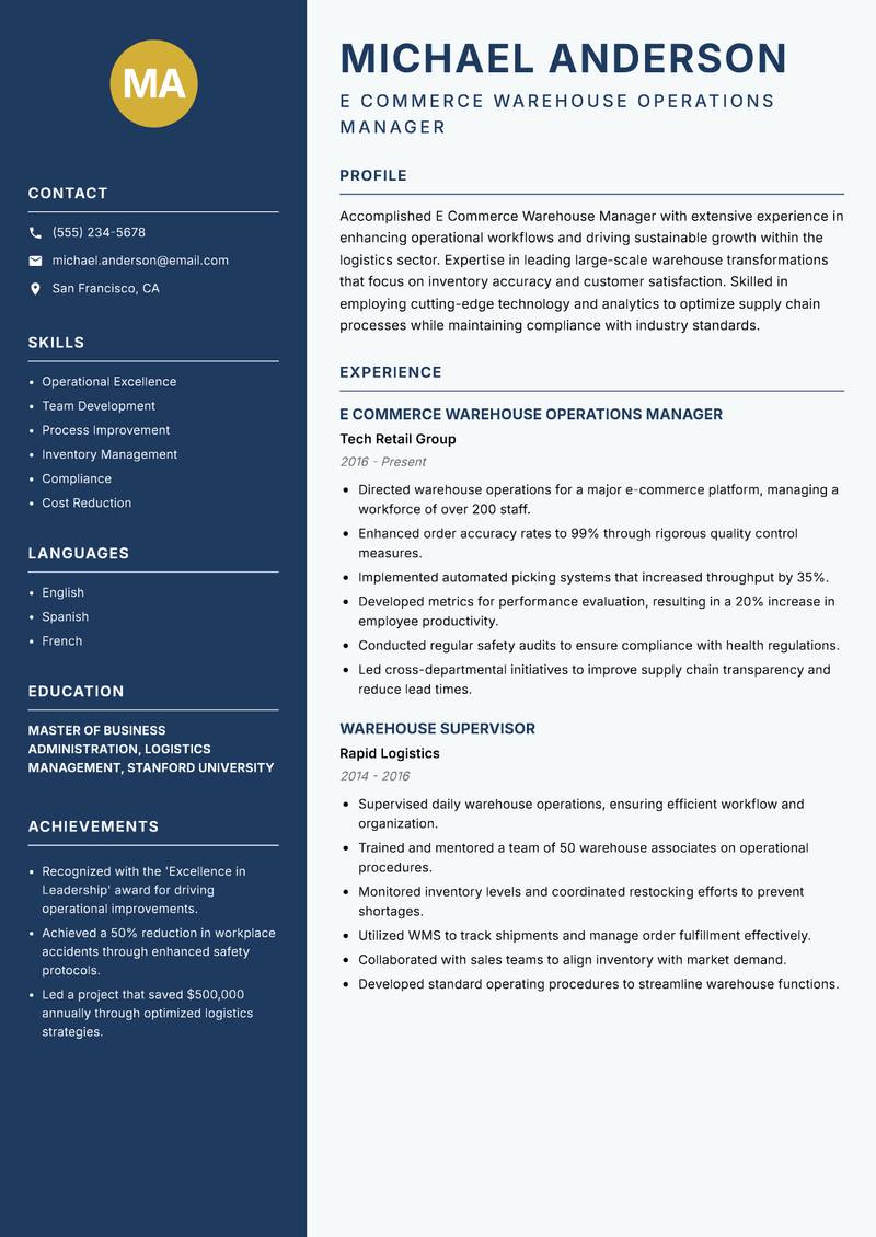 E Commerce Warehouse Manager resume sample — E Commerce Warehouse Operations Manager focus
