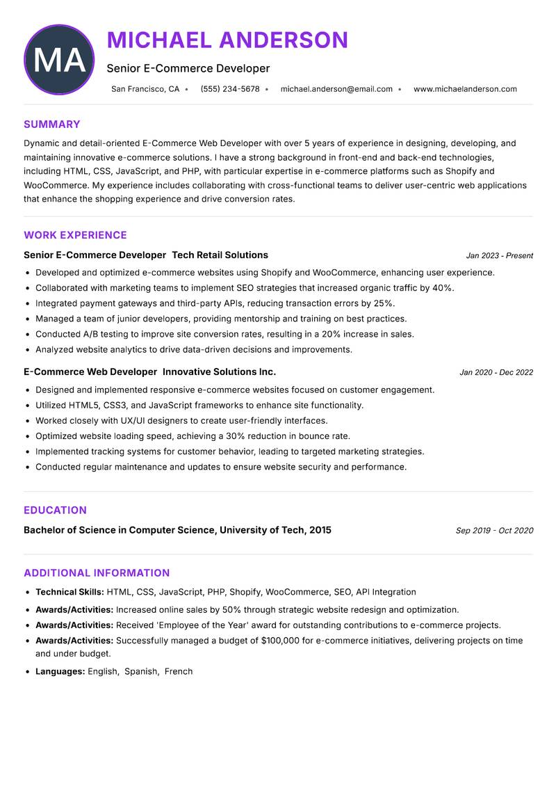 E-Commerce Web Developer resume example