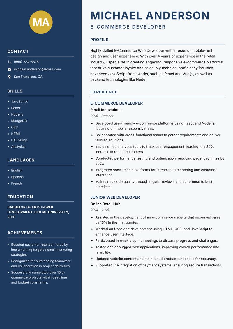 E-Commerce Web Developer resume sample — E-Commerce Developer focus