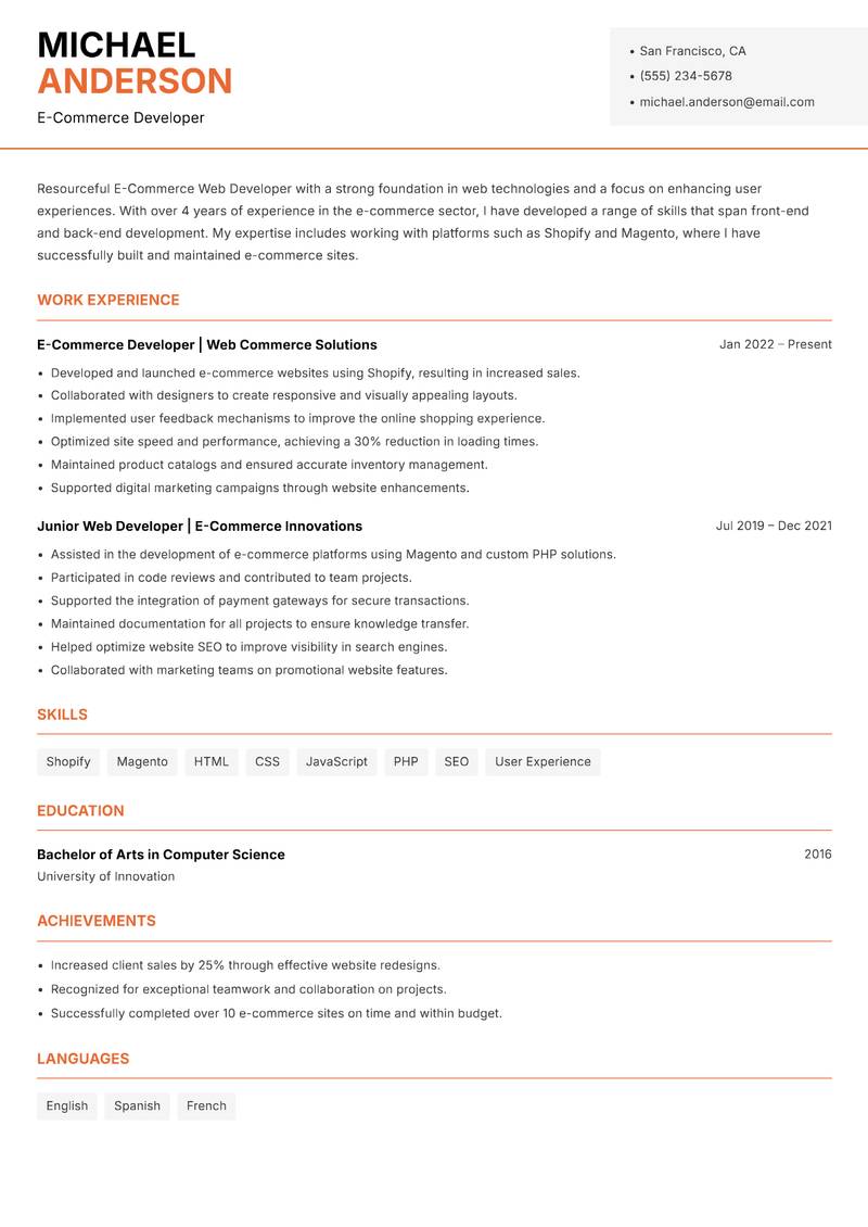 E-Commerce Web Developer resume sample — E-Commerce Developer focus