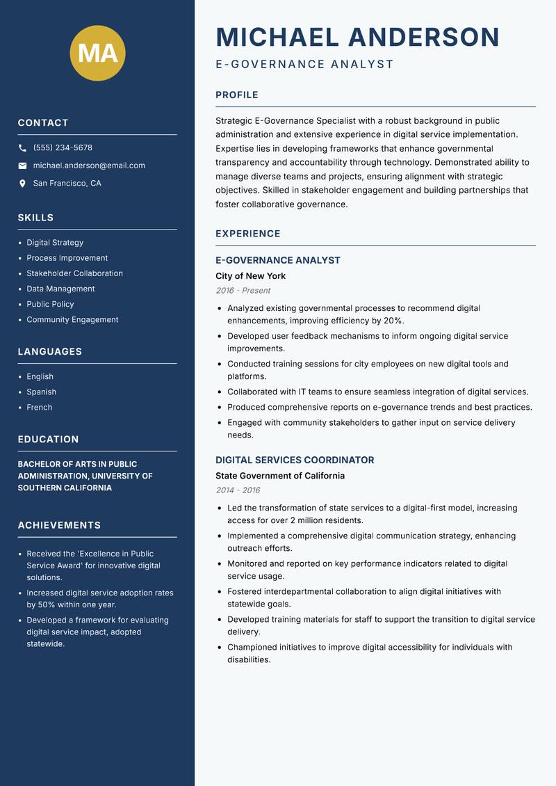 E-Governance Specialist resume sample — E-Governance Analyst focus