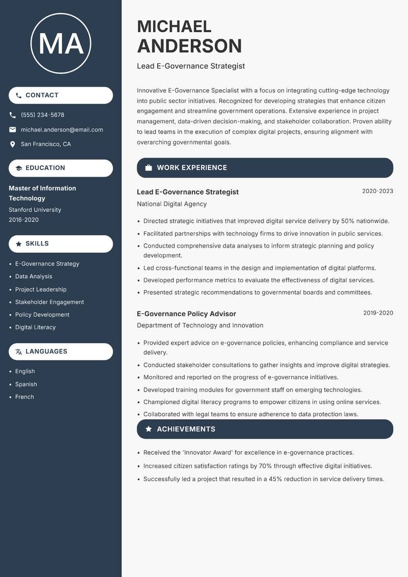 E-Governance Specialist resume sample — Lead E-Governance Strategist focus