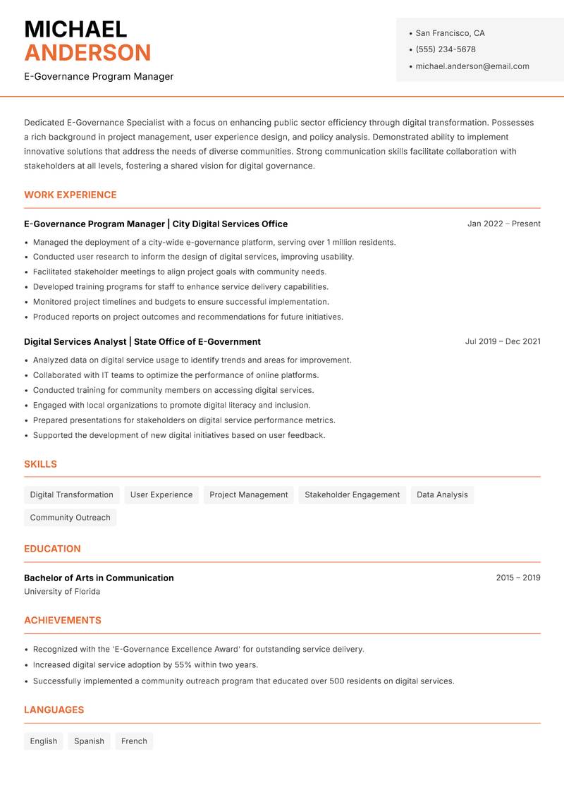 E-Governance Specialist resume sample — E-Governance Program Manager focus