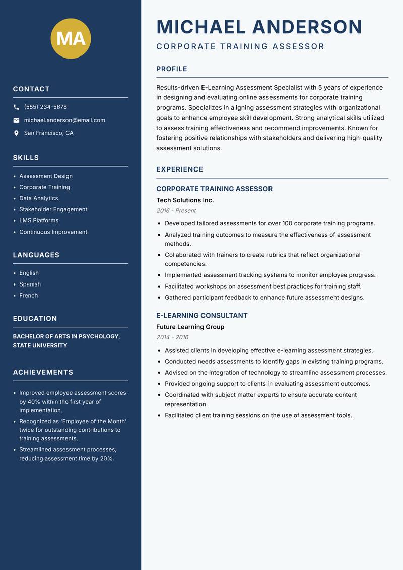 E-Learning Assessment Specialist resume sample — Corporate Training Assessor focus