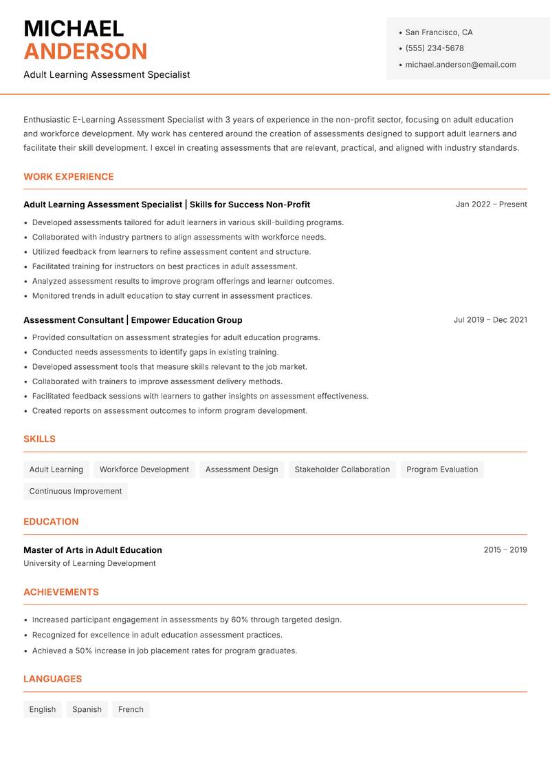 E-Learning Assessment Specialist resume sample — Adult Learning Assessment Specialist focus