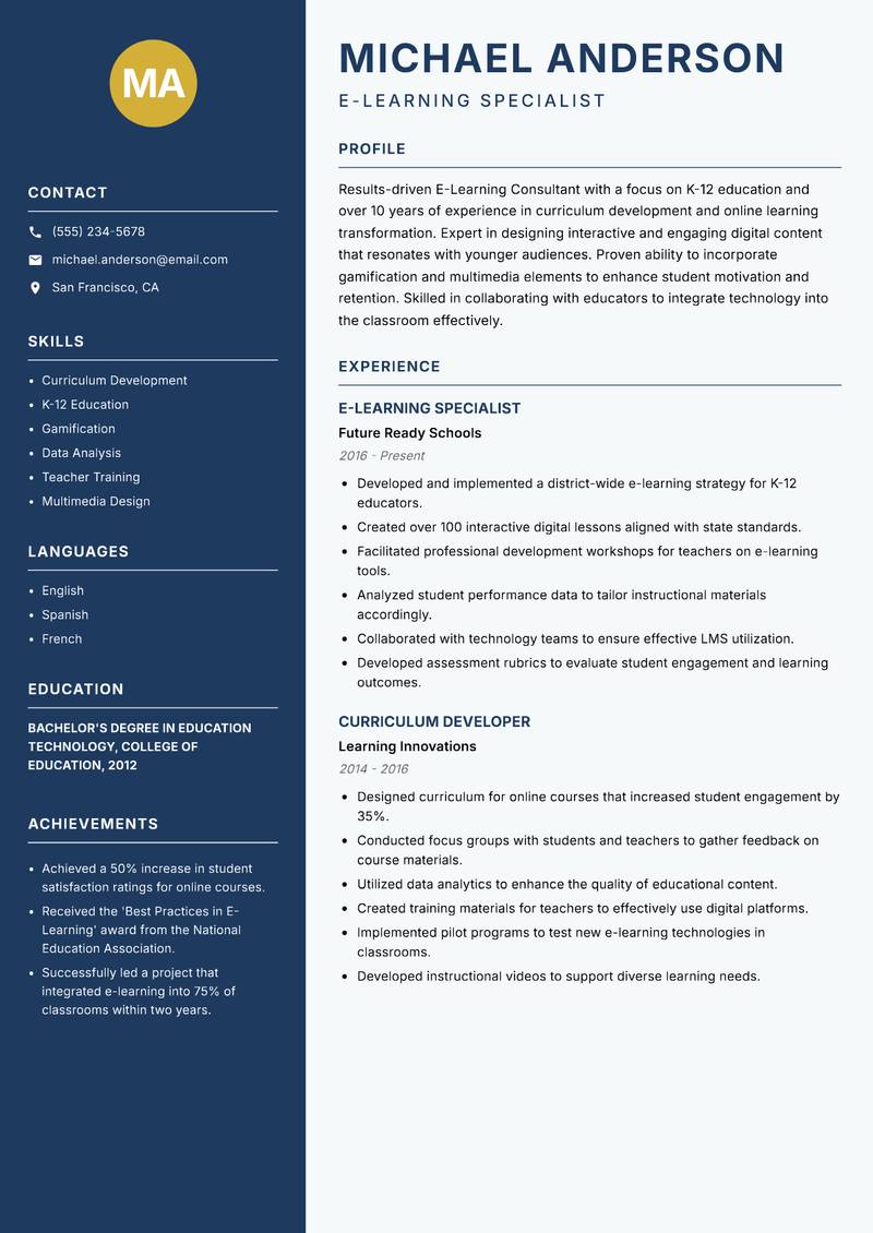E-Learning Consultant resume sample — E-Learning Specialist focus