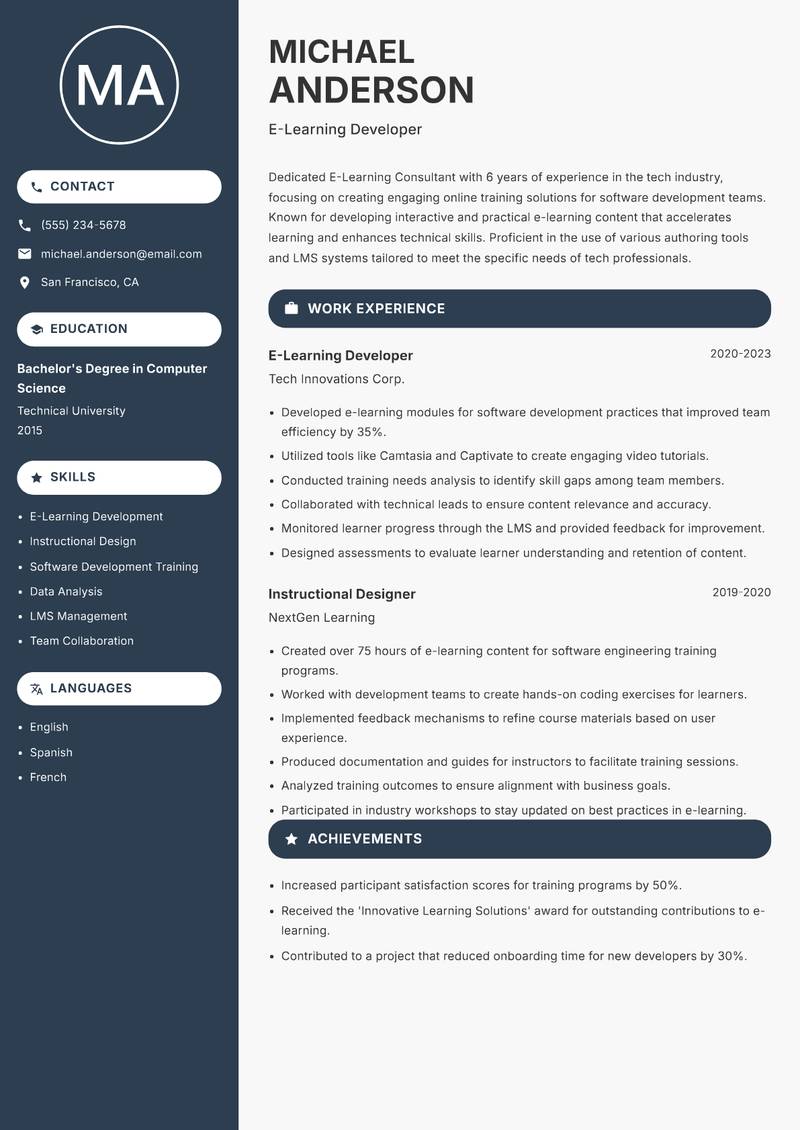 E-Learning Consultant resume sample — E-Learning Developer focus