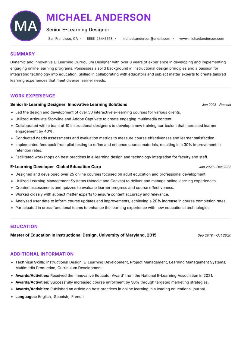 E-Learning Curriculum Designer resume example