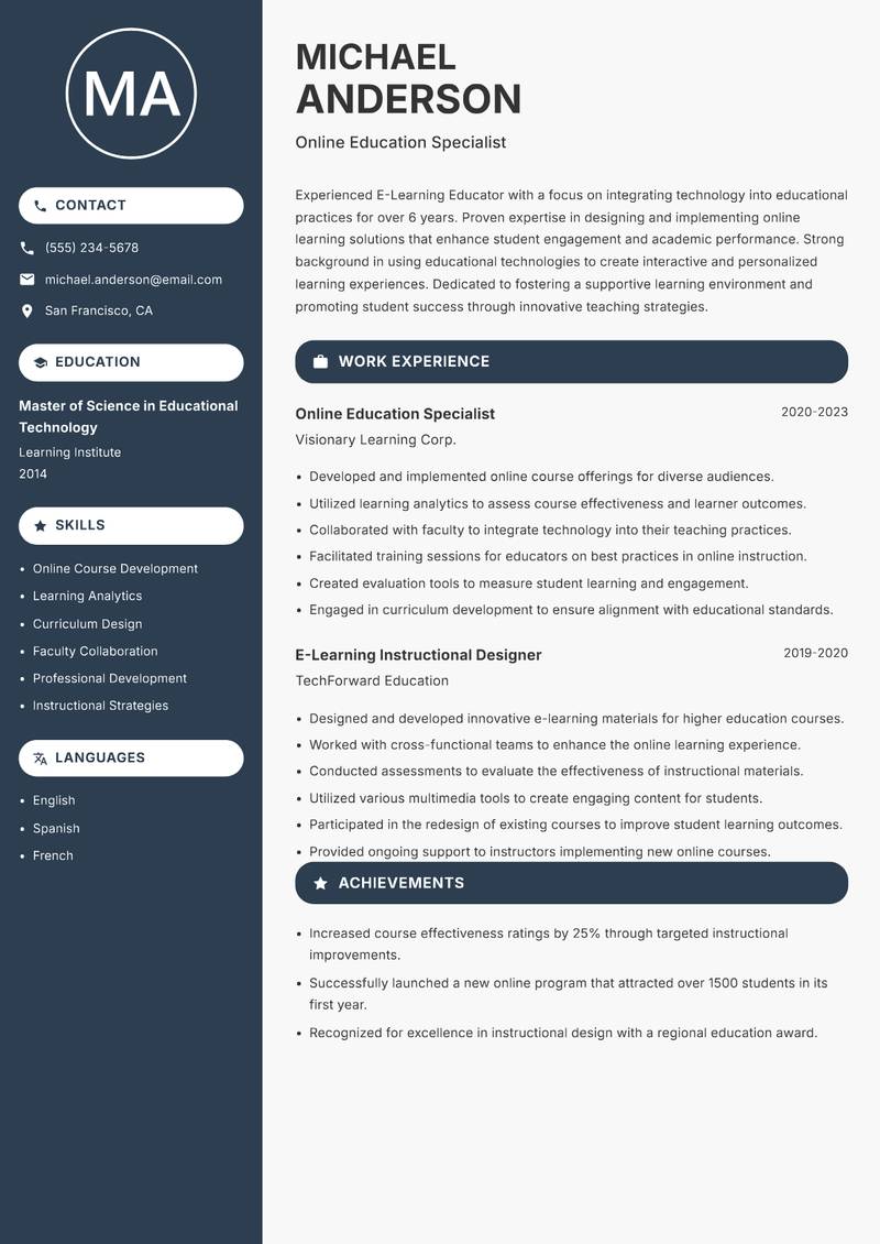 E-Learning Educator resume sample — Online Education Specialist focus