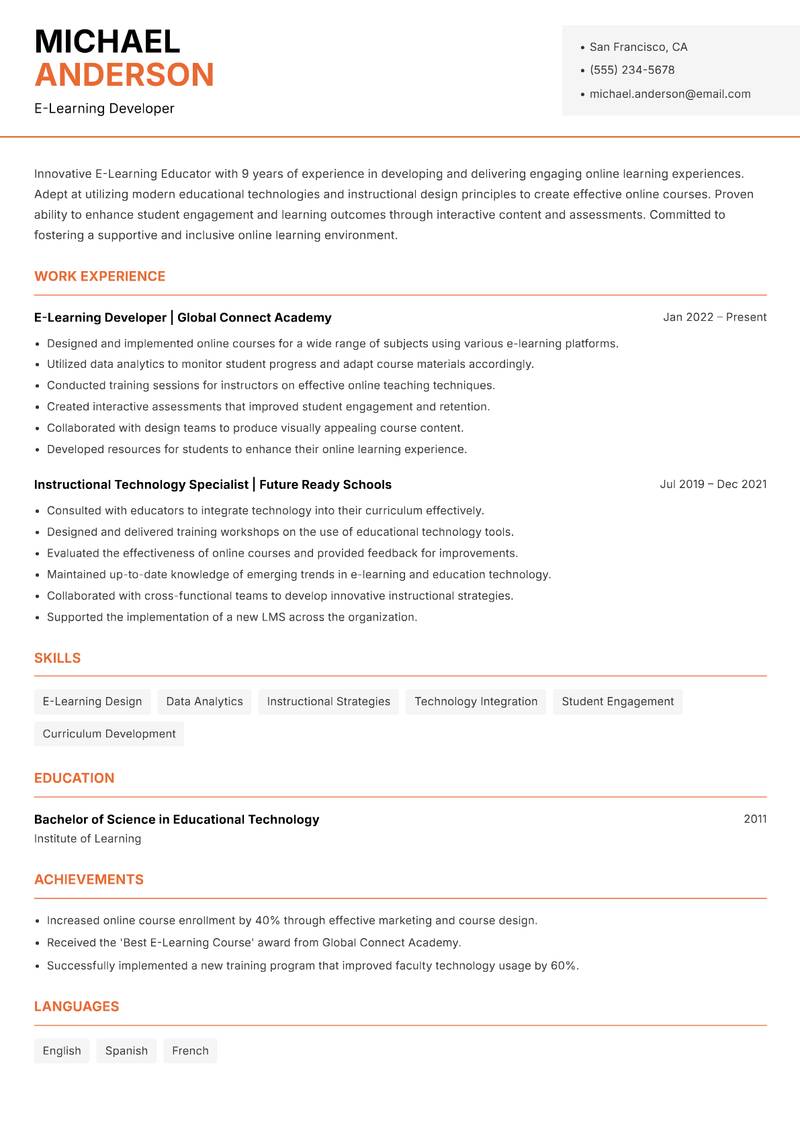 E-Learning Educator resume sample — E-Learning Developer focus
