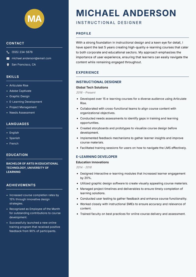 E-Learning Instructional Designer resume sample — Instructional Designer focus