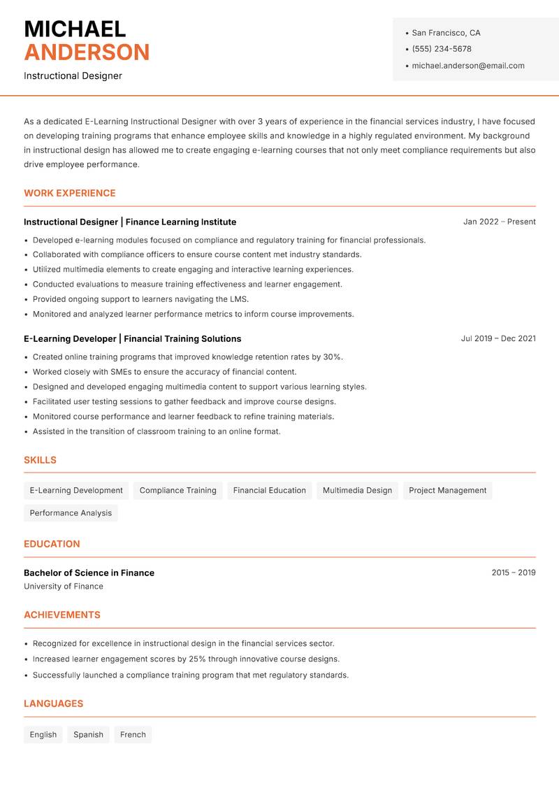 E-Learning Instructional Designer resume sample — Instructional Designer focus