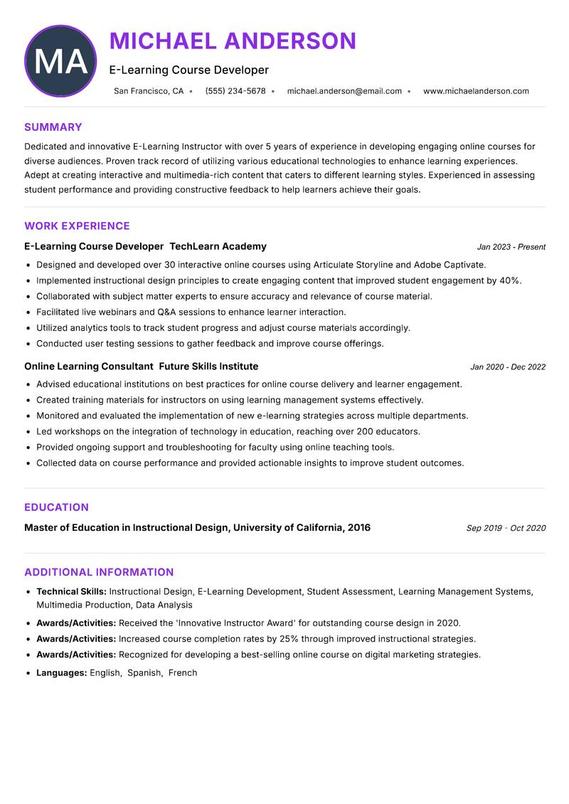 E-Learning Instructor resume example