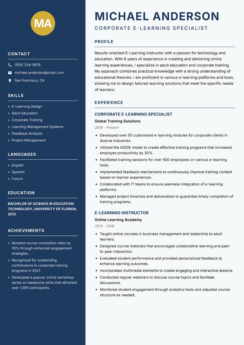 E-Learning Instructor resume sample — Corporate E-Learning Specialist focus