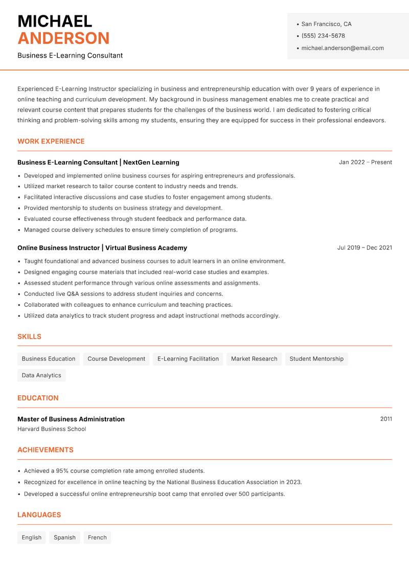 E-Learning Instructor resume sample — Business E-Learning Consultant focus