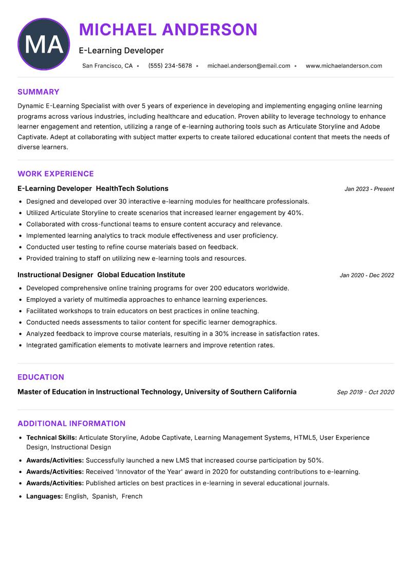E-Learning Specialist resume example