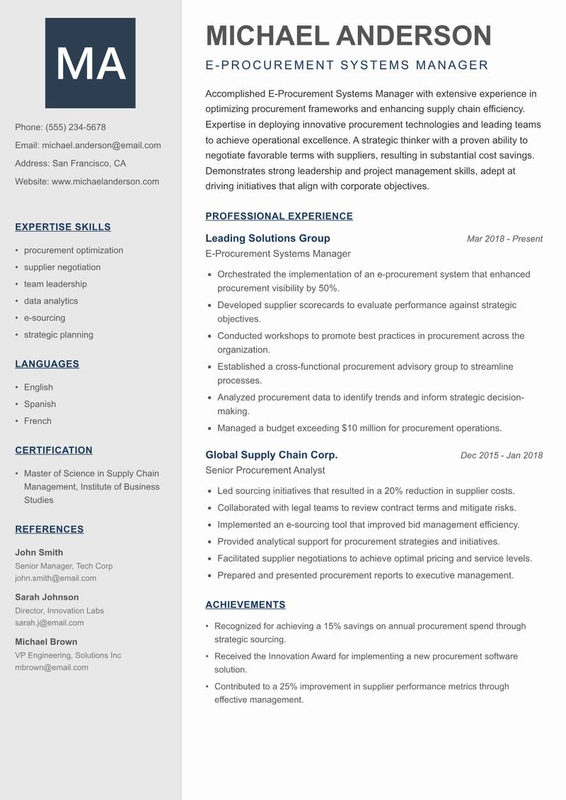 E-Procurement Systems Manager resume sample — E-Procurement Systems Manager focus
