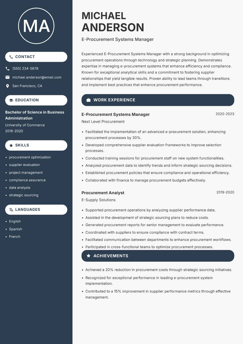 E-Procurement Systems Manager resume sample — E-Procurement Systems Manager focus