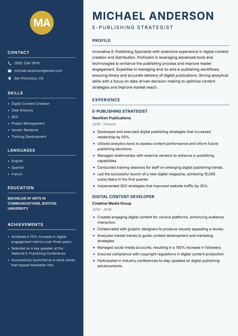 E Publishing Specialist resume sample — E-Publishing Strategist focus
