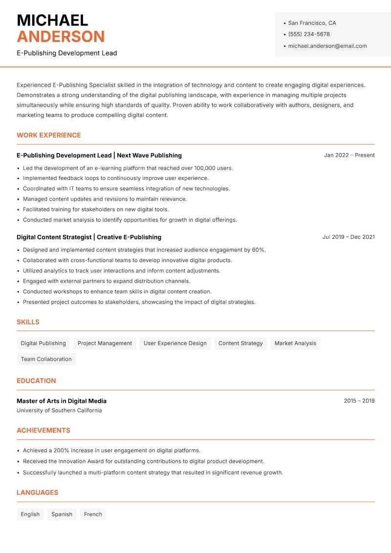 E Publishing Specialist resume sample — E-Publishing Development Lead focus
