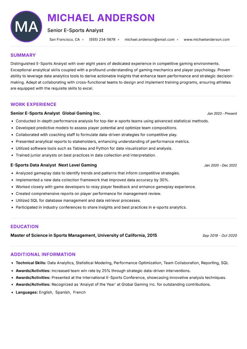 E-Sports Analyst resume example