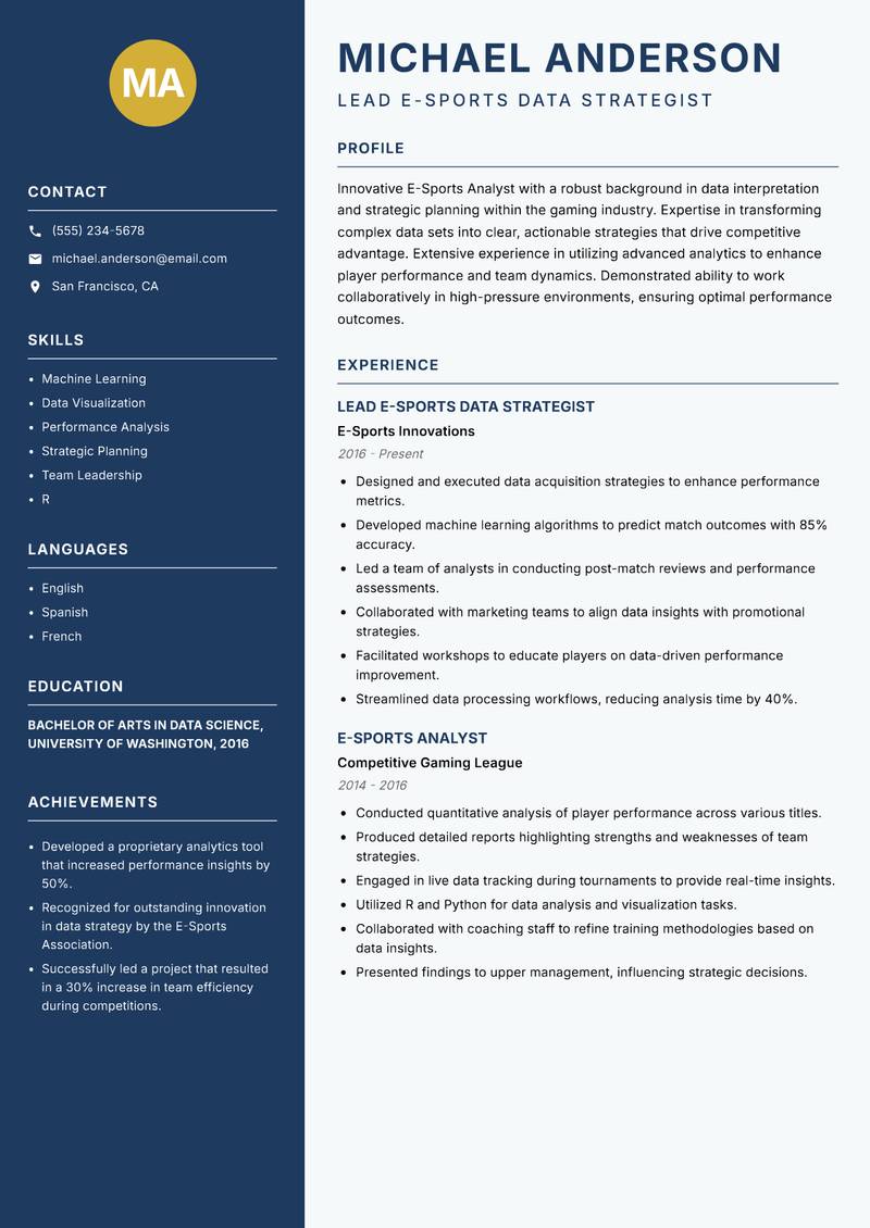 E-Sports Analyst resume sample — Lead E-Sports Data Strategist focus