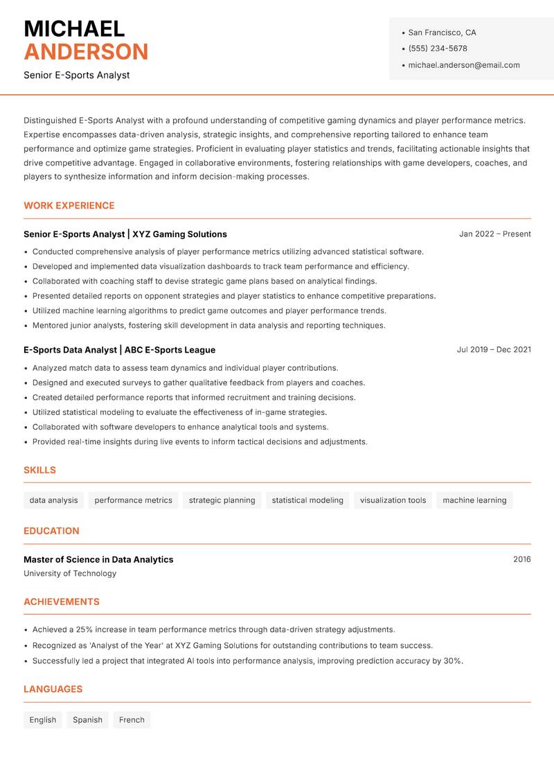 E-Sports Analyst resume sample — Senior E-Sports Analyst focus